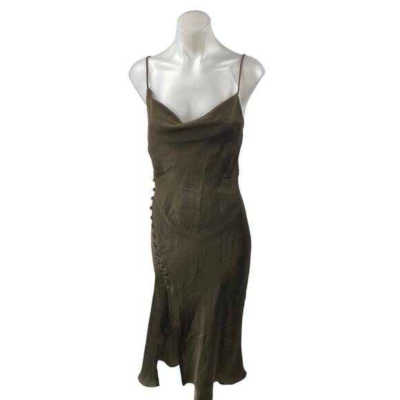 Zara Women's Olive Green Silk Satin Sleeveless Cowl Neck Midi Slip Dress Size XS - Picture 1 of 4